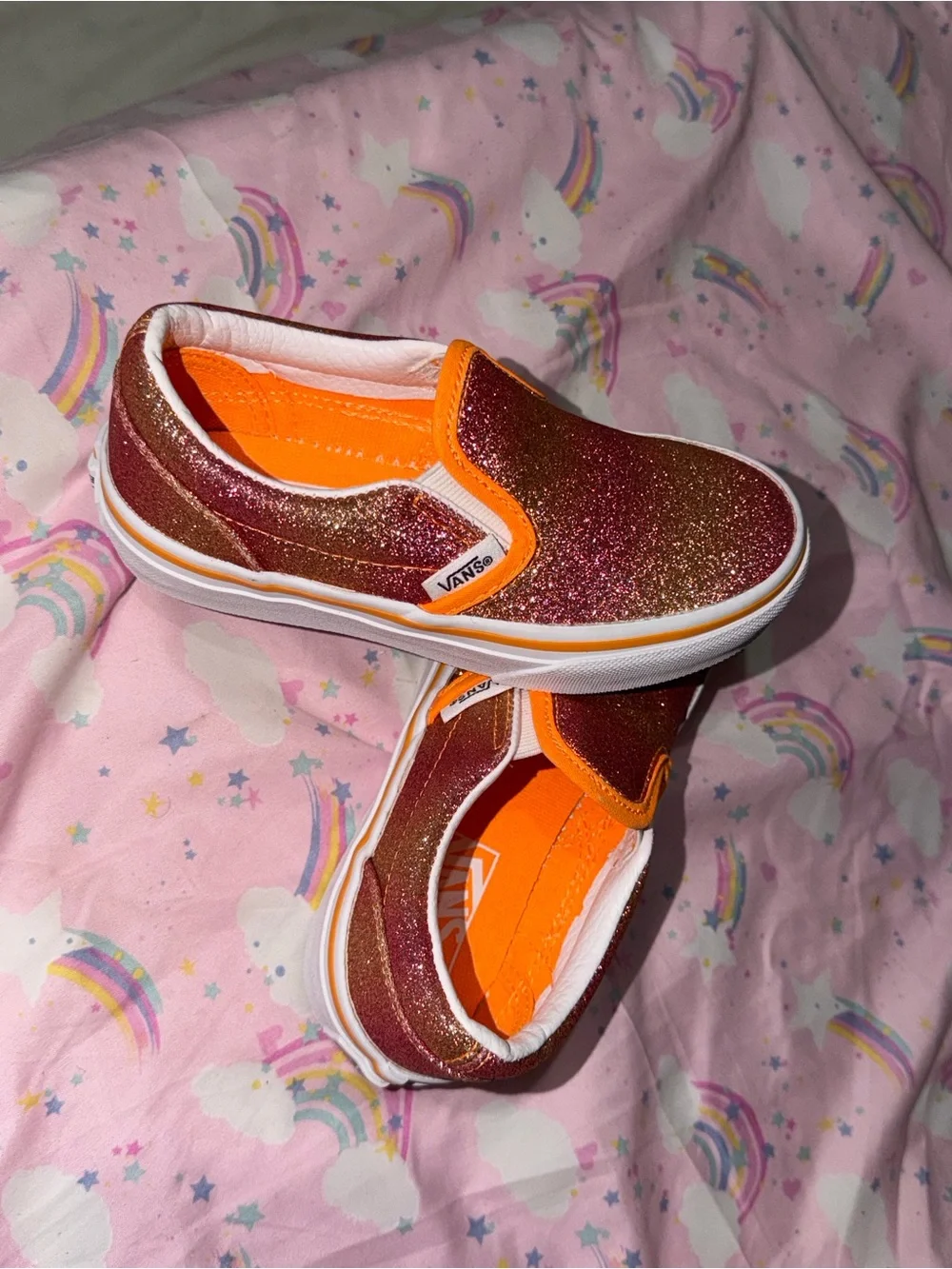 Vans Kids Glitter Slip-On Sneakers in Orange and Pink